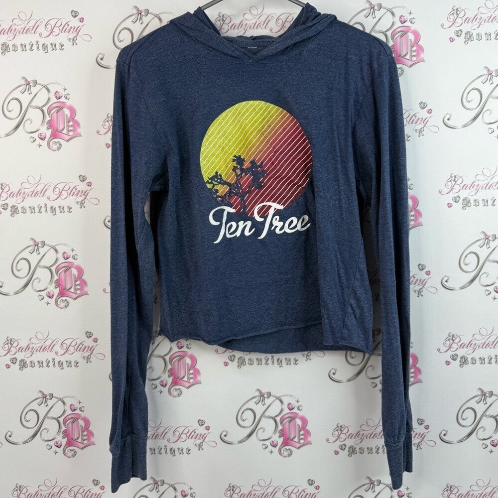 Tentree pull over hoodie sweater long sleeve Navy Hoodie with Sunset Graphic